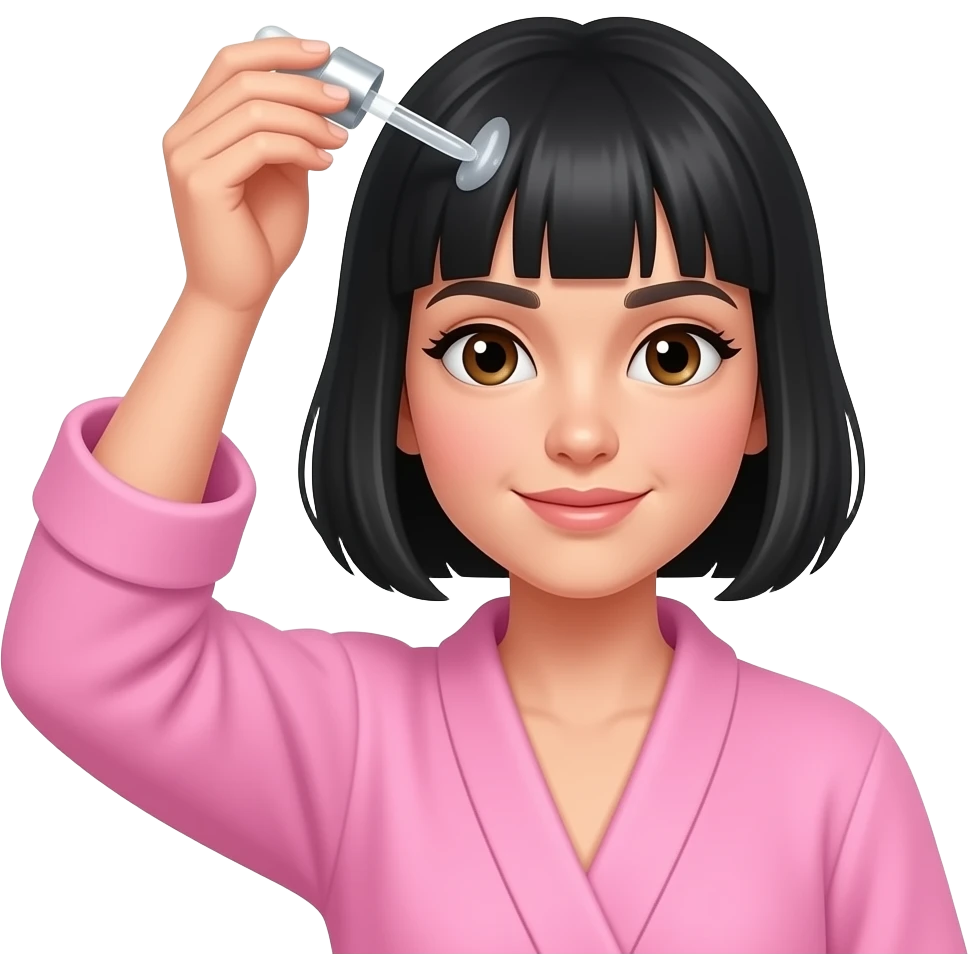 White girl taking care of her black short hair by giving herself a hair tonic massage with a dropper, wearing a pink robe, iPhone emoji style emoji
