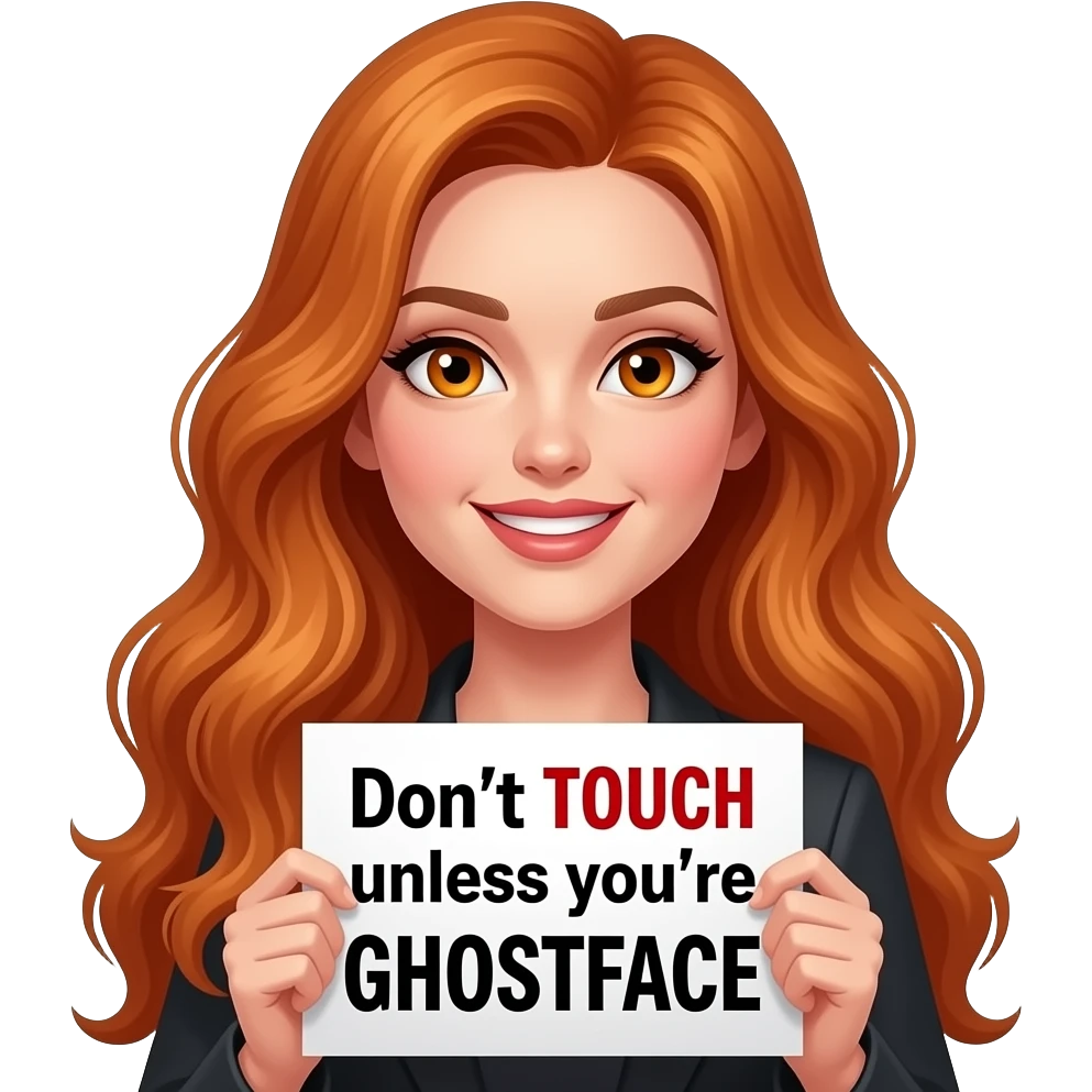 sexy girl with long wavy ginger hair and ginger eyes is holding a Don't TOUCH unless you're GHOSTFACE sign emoji