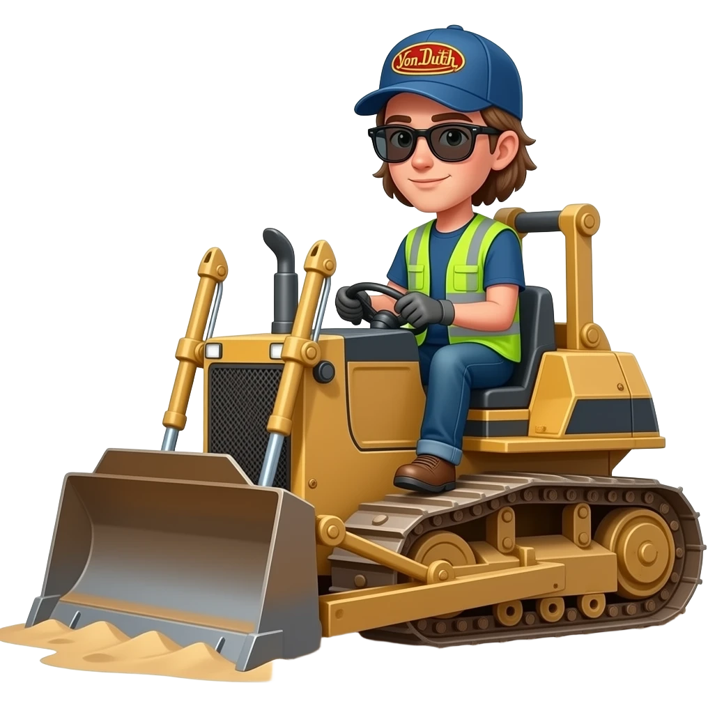 Jeune Homme aux cheveux mi long brun avec casquette von dutch et des lunettes de soleil et des vêtements de chantier fluorescent qui conduit une Grosse pelleteuse sur du sable emoji