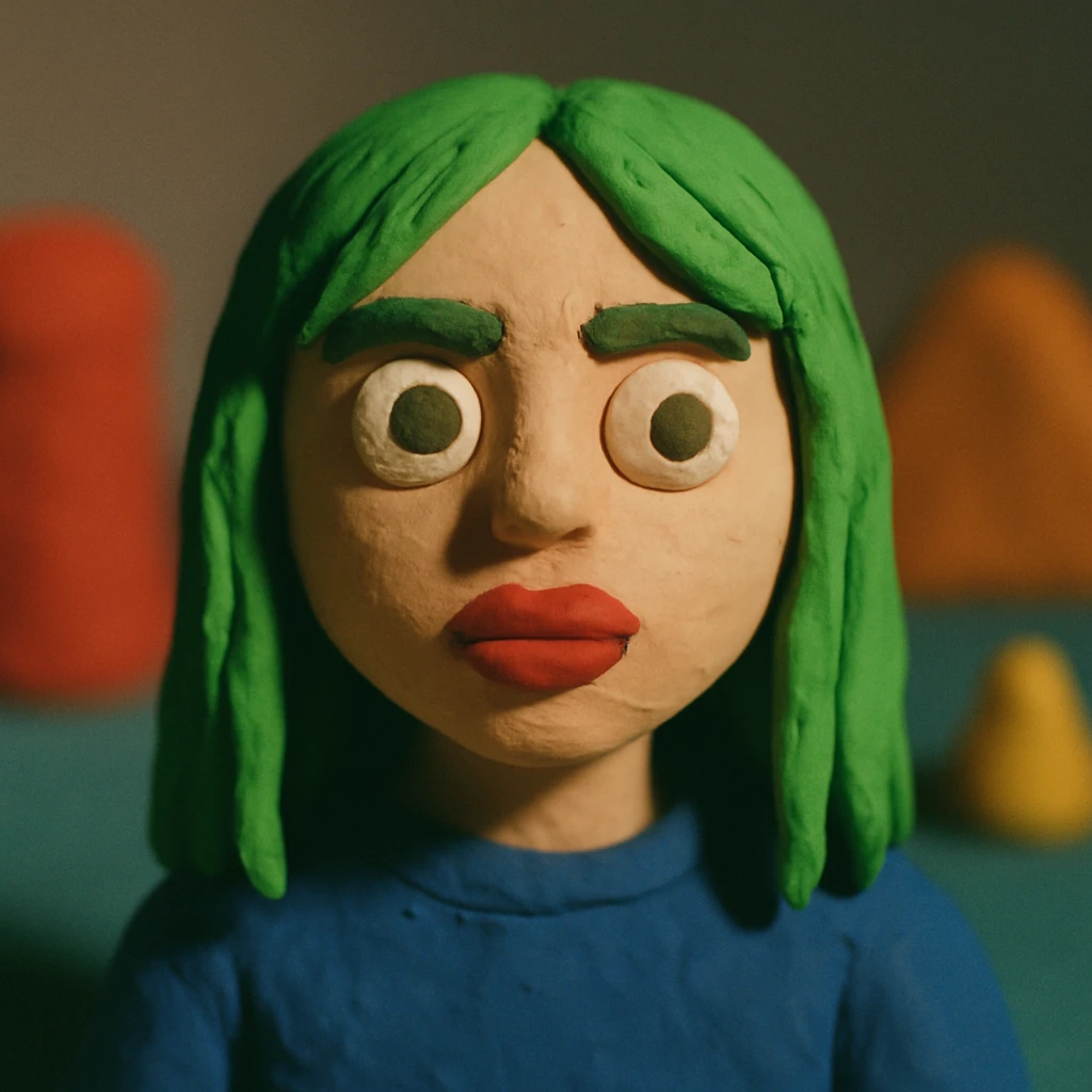 girl with green hair like Billie Eilish and red lipstick, claymation style emoji