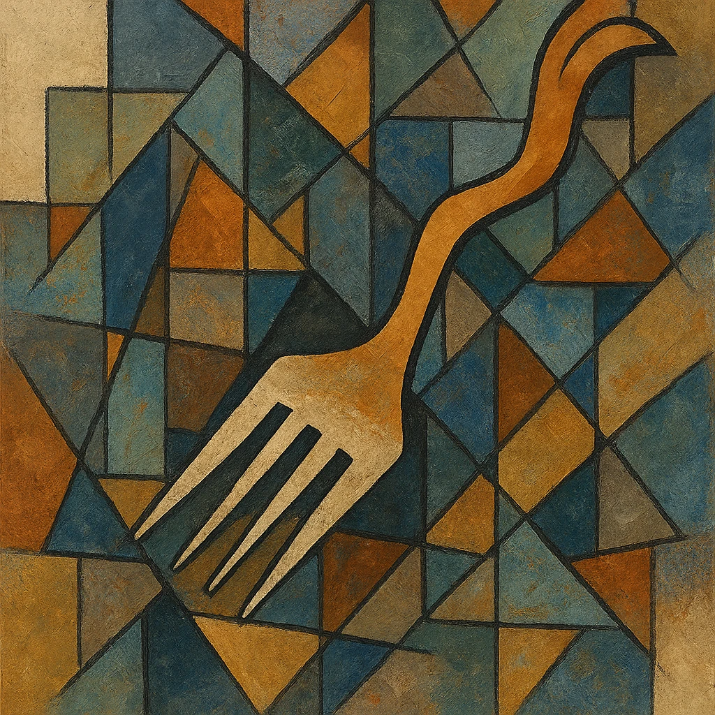 A stylized, artistic fork with a wavy handle, abstract style. emoji