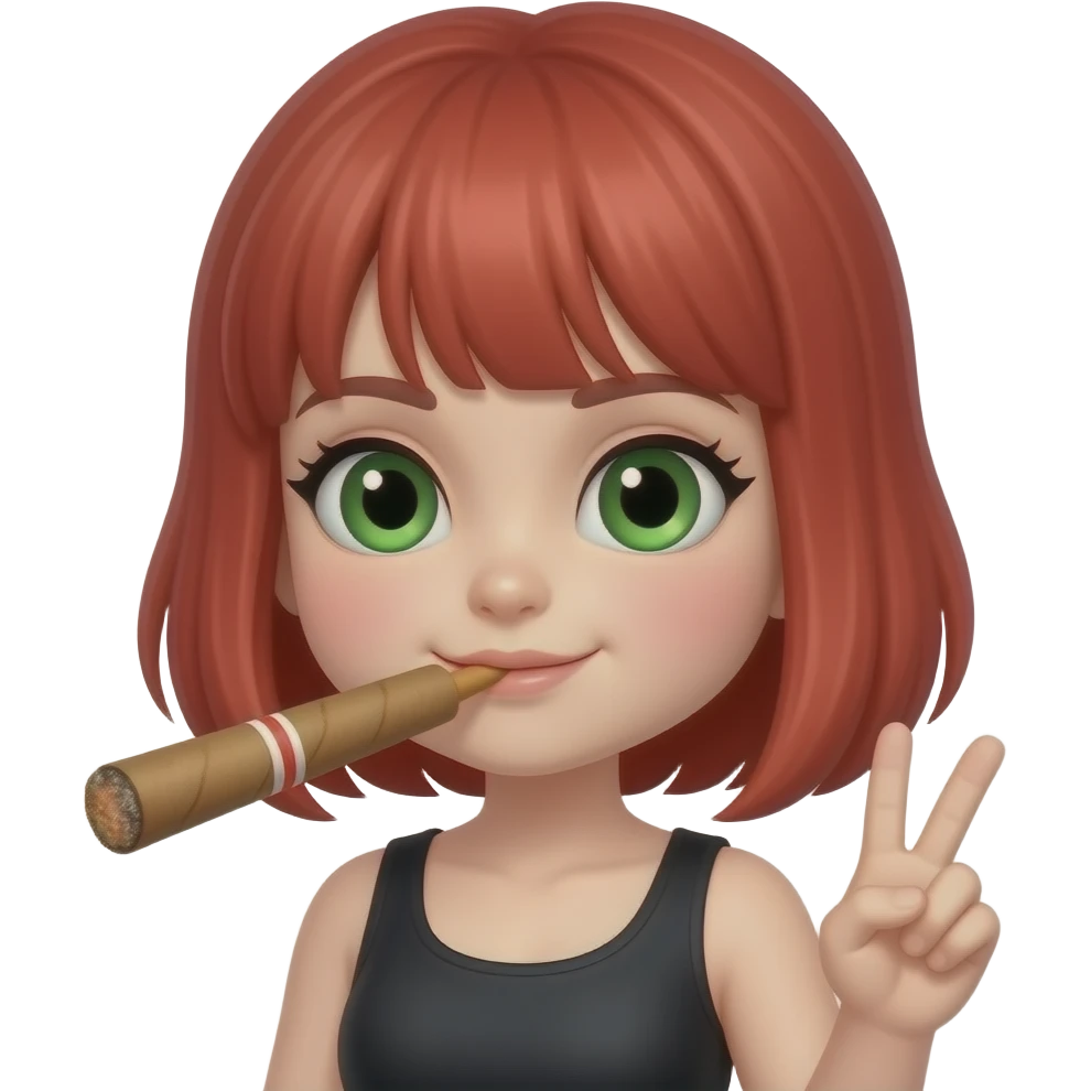 Ruby red haired chibi girl with green eyes smoking a blunt and holding a✌️ emoji