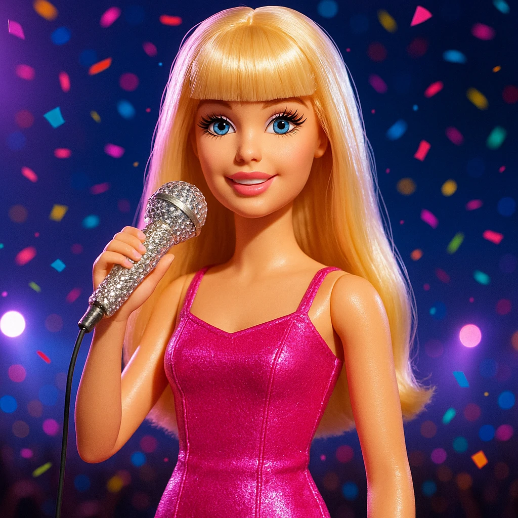 Pretty and girly Blonde pop star with bangs, holding a bedazzled microphone, reimagined as a Barbie doll, with a nighttime concert backdrop with colorful confetti emoji