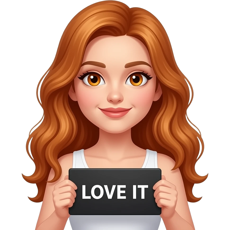 sexy girl with long wavy ginger hair and ginger eyes wearing a white tanktop is holding a black colored sign with LOVE IT written on it emoji