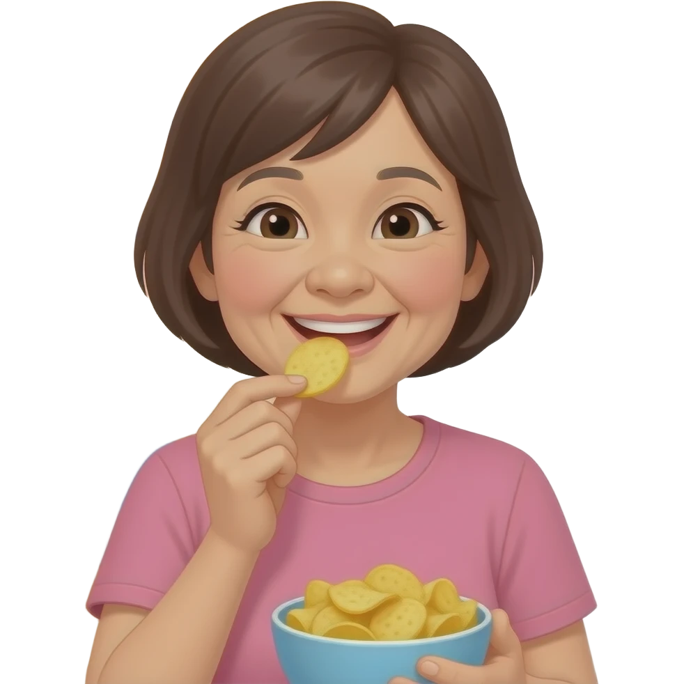 Asian grandma wearing pink tshirt with short brown hair eating potato chips emoji