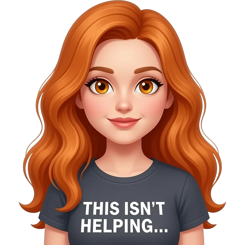 sexy girl with overlong ginger hair and ginger eyes a top with THIS ISN'T HELPING... written on it emoji