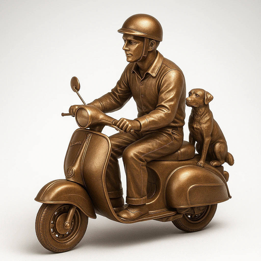 man and his pet dog riding a vespa emoji