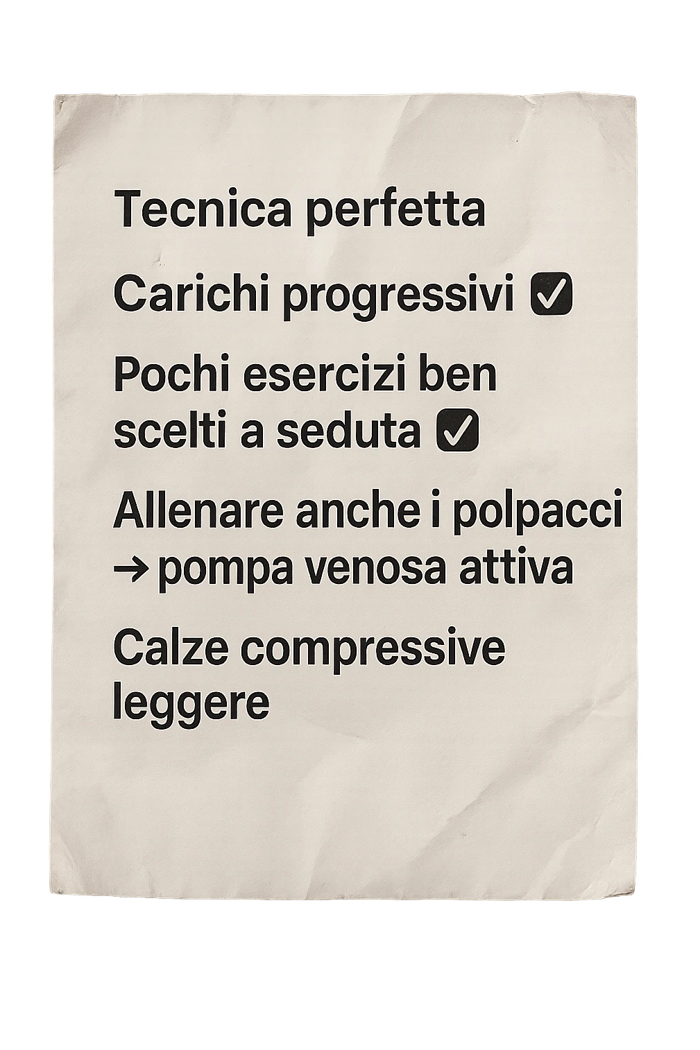 FOGLIO DI CARTA PER L'ALLENAMENTO IN PALESTRA CON LA SCRITTA "Tecnica perfetta
 ✅ Carichi progressivi
 ✅ Pochi esercizi ben scelti a seduta
 ✅ Allenare anche i polpacci → pompa venosa attiva
 ✅ Calze compressive leggere" , IPERREALISTICA 4K emoji