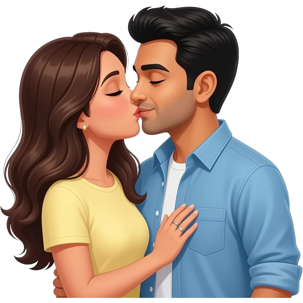 Husband kissing wife lovingly Indian couple modern casual dress emoji