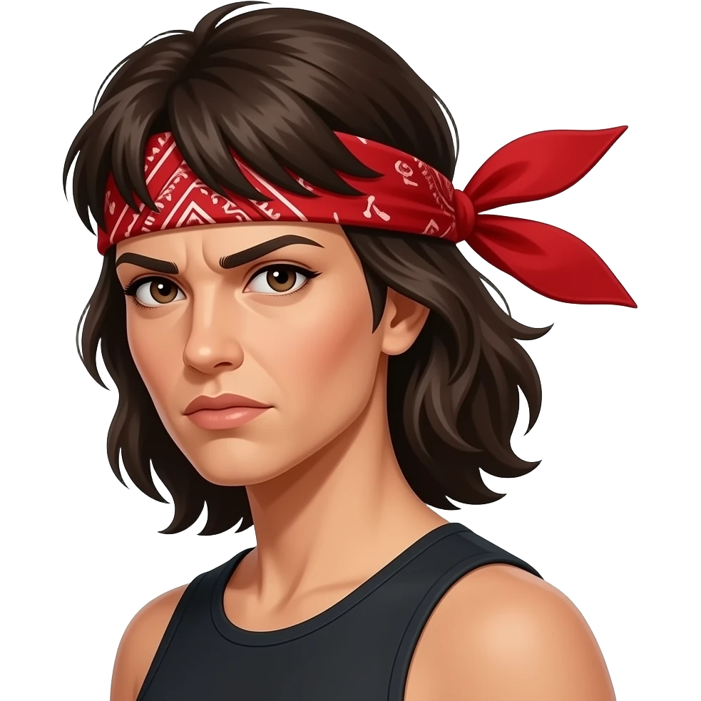 emoji femme avec un bandeau rouge autour du front déterminé comme rambo le bandeau au vent emoji