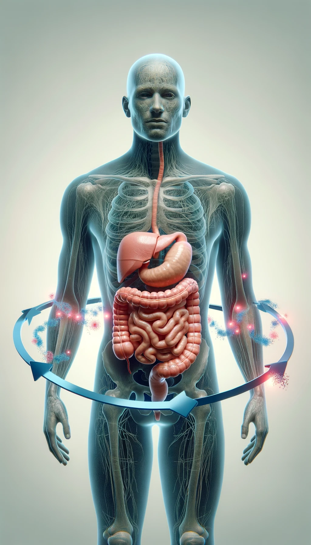 corpo umano anatomico con intestino umano anatomico con frecce 3d che gli girano intorno, sfondo chiaro, iperrealistico 4k emoji