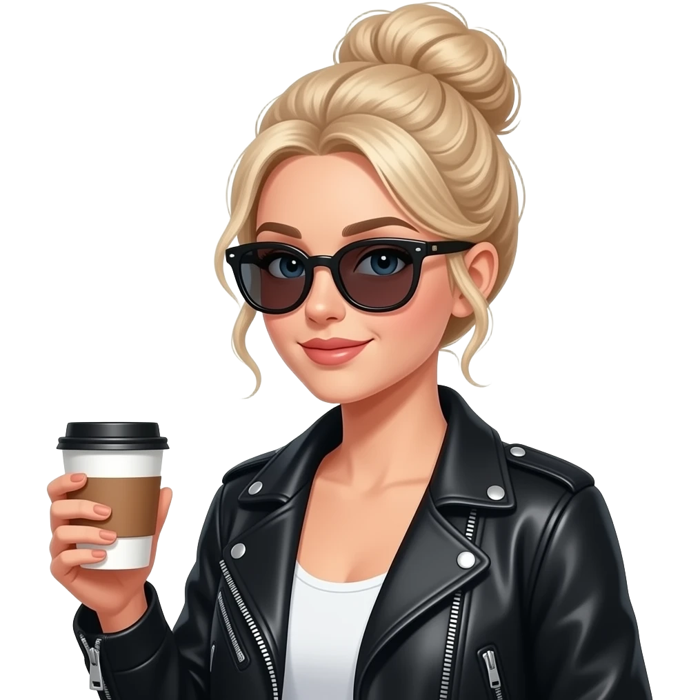 Blonde woman wearing hair up in a messy bun wearing a black leather jacket and white top and sunglasses holding a steaming coffee emoji