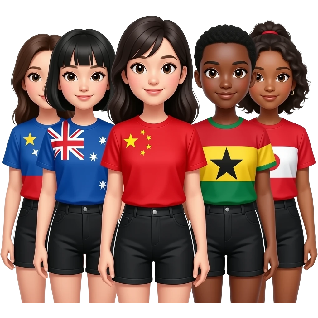 keep the girls the same but put their flags on their shirts and give them all black shorts put a chinese girl and a ghanan girl with them too emoji