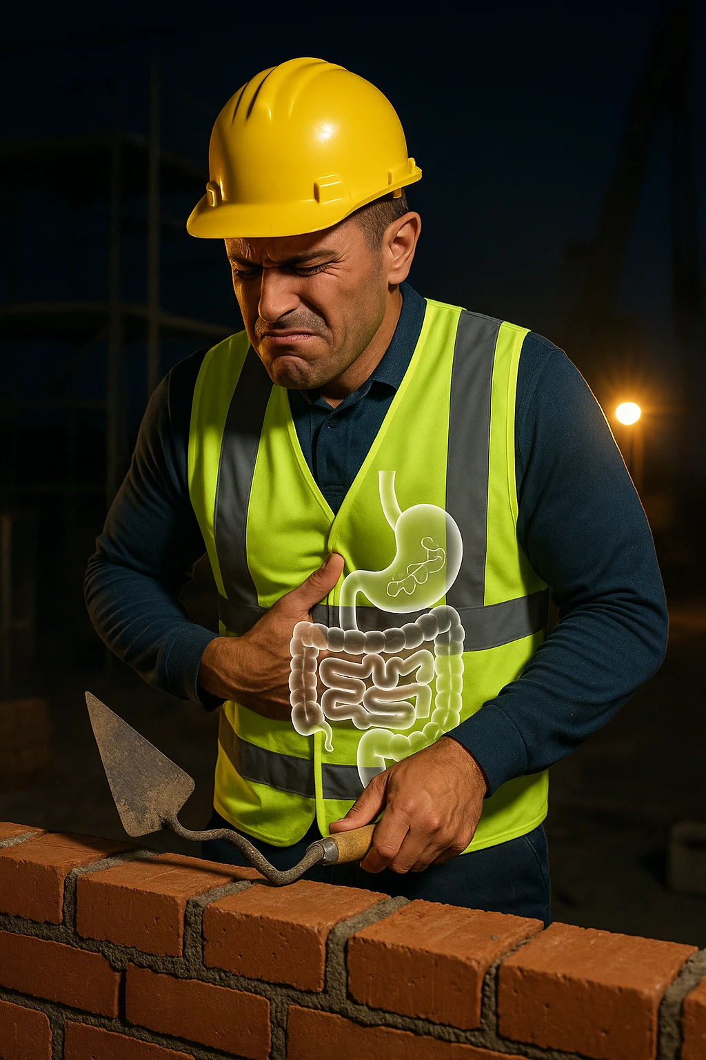 a construction worker in a reflective vest and hard hat is laying bricks at a nighttime construction site, illuminated by strong work lights. He pauses, one hand on his abdomen with a pained or uncomfortable expression, while the other holds a trowel. In the background, scaffolding and machinery are visible under the night sky. Subtle icons or overlays highlight digestive organs, suggesting the need for intestinal balance. emoji