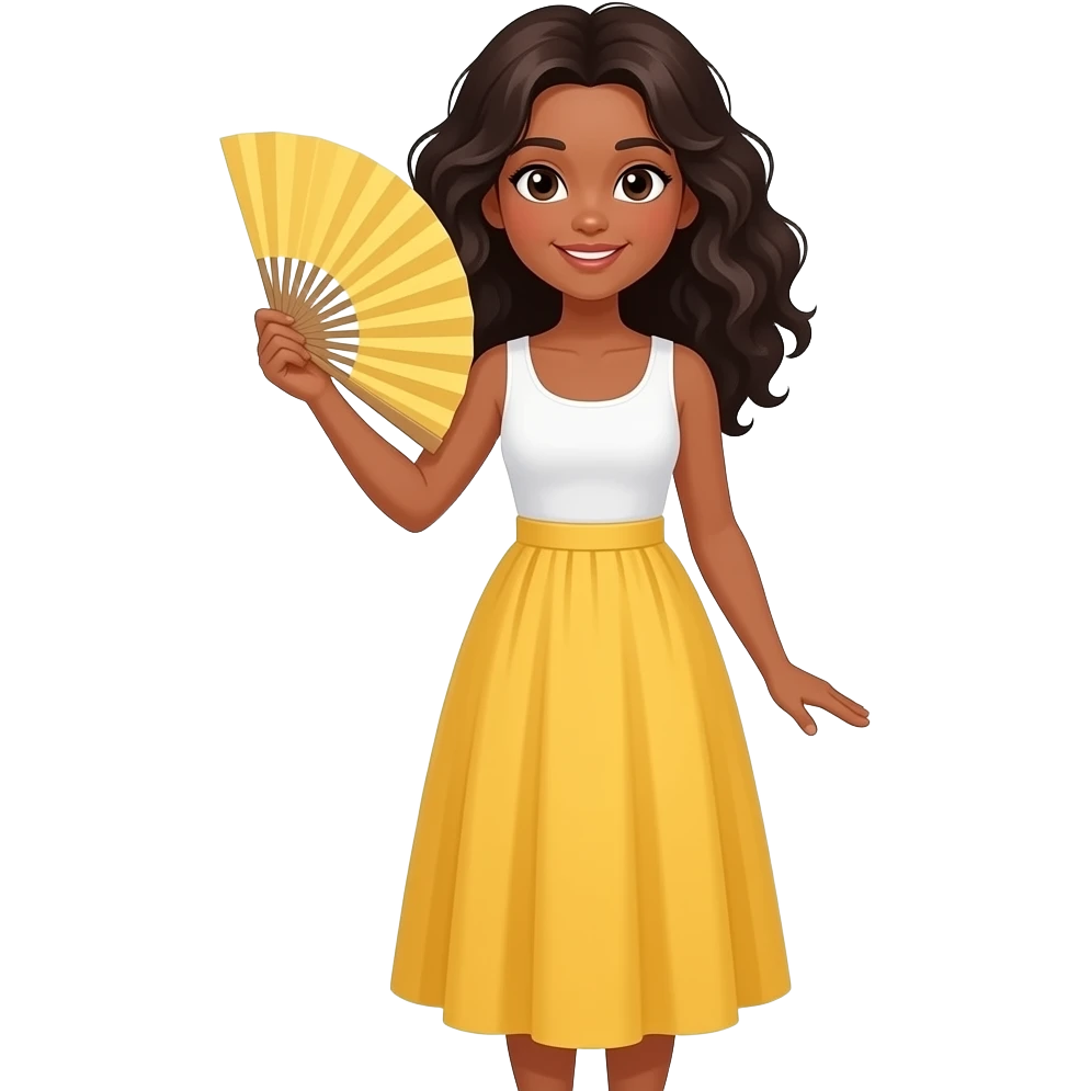 Una chica con el cabello ondulado oscuro y de piel trigueña vestida con una enguatada hasta el cuello blanca y una falda larga de color amarillo y un abanico de lienzo amarillo largo emoji
