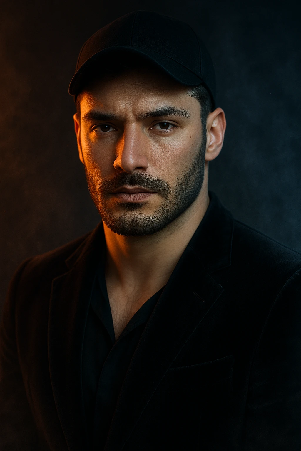 Usa questa immagine come riferimento per creare un ritratto iperrealistico e ravvicinato di un carismatico nodello maschile, ambientato in un contesto editoriale suggestivo. I volto è illuminato da fasci di luce ambrata e blU ghiaccio che contrastano tra loro, esaltando la simmetria marcata della mascella, la sottile barba incolta e uno sguardo penetrante e sicuro. I| modello indossa una giacca sartoriale scura in morbido velluto, leggermente sbottonata sul colletto. Lo sfondo sfuma in un profondo gradiente antracite con una delicata foschia cinematografica e sottili bagliori di luce. Un lieve velo di nebbia avvolge la sua silhouette, accentuando un'atmosfera sofisticata e misteriosa. L'effetto complessivo evoca un'eleganza di alta moda con un tocco moderno e malinconico, ideale per una campagna pubblicitaria di lusso o per la copertina di una prestigiosa rivista. emoji
