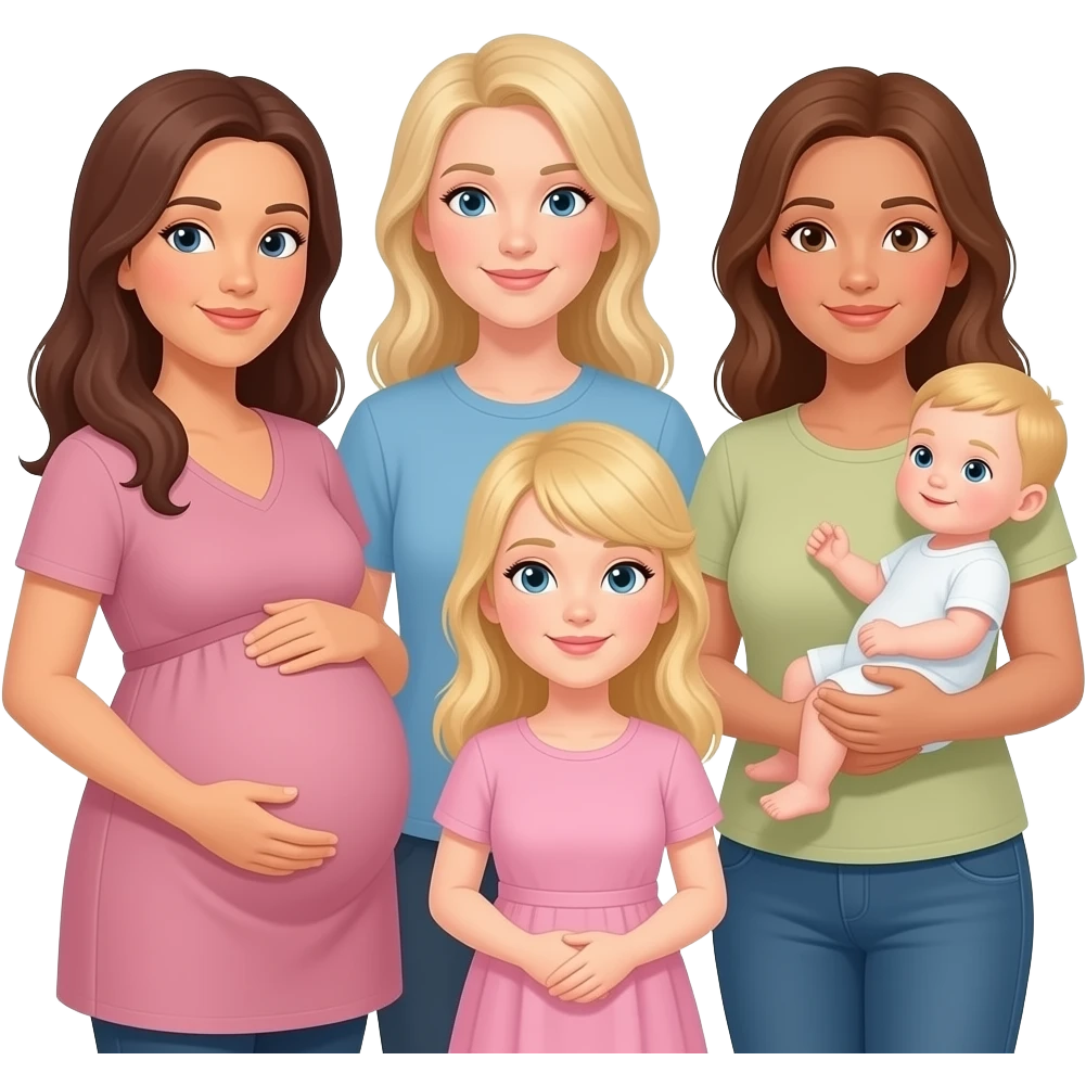 Standing together Caucasian women with long hair: 1 brunette whose pregnant, 1 dirty blonde tall, 1 mom 1 blonde with baby in arms, 1 blonde small, 1 brunette emoji
