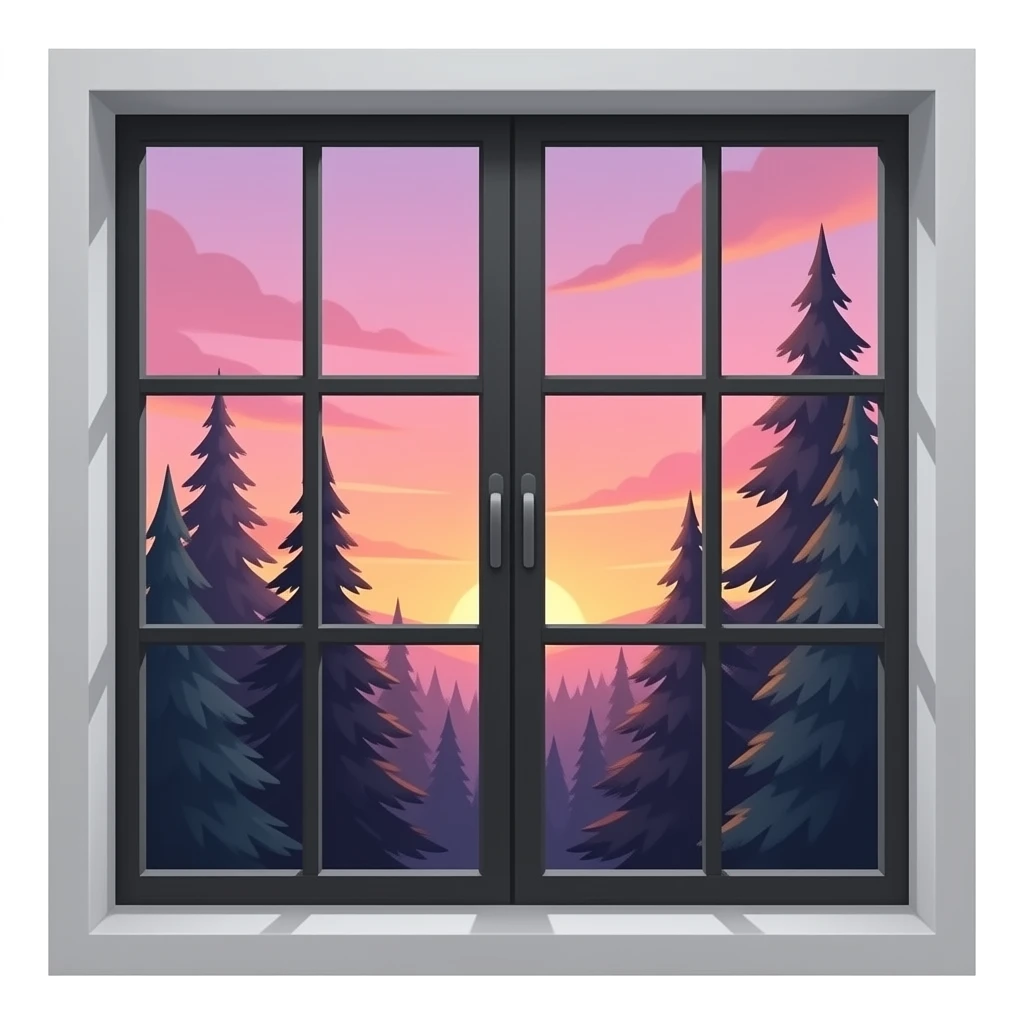 sunset pink, orange and purple  from a closed black window overlooking trees emoji