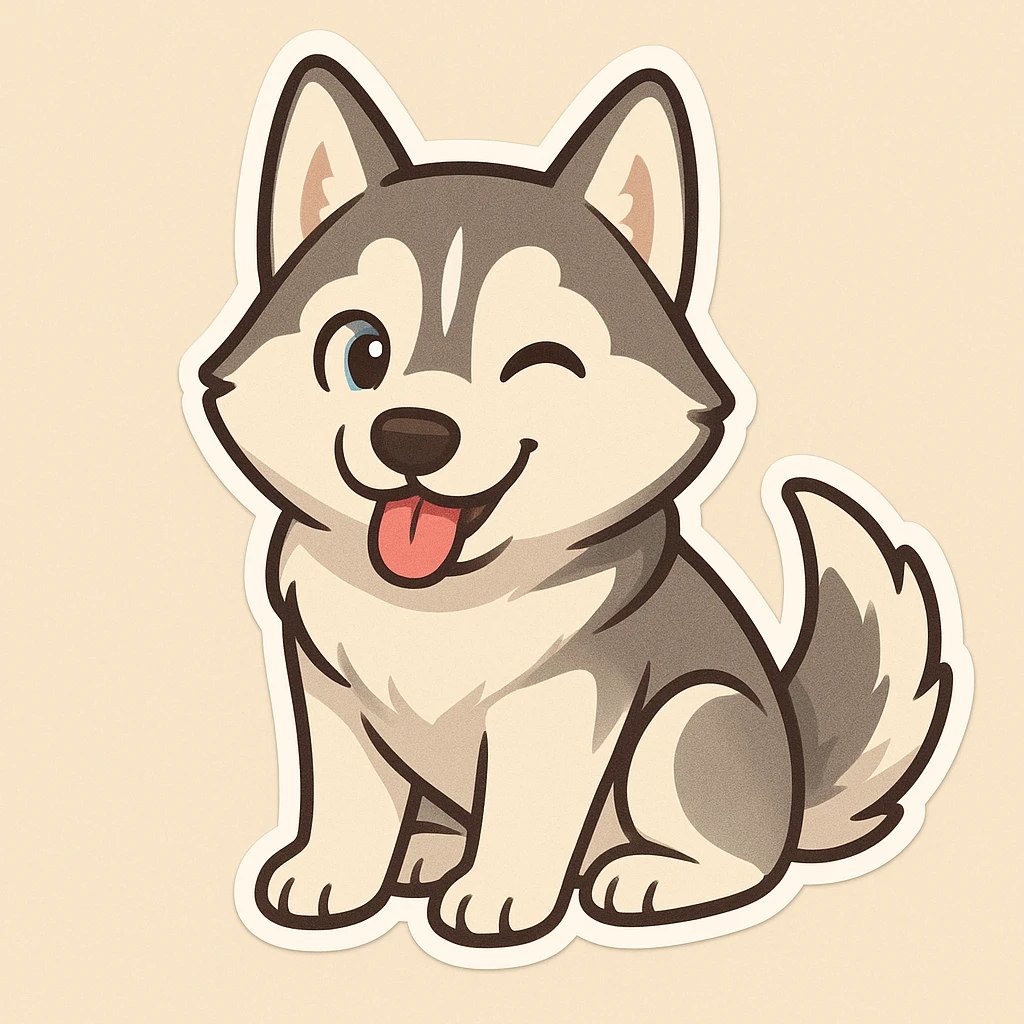 Create a chibi sticker of a playful Husky dog inspired by the right dog in the reference photo, with a simple background. emoji
