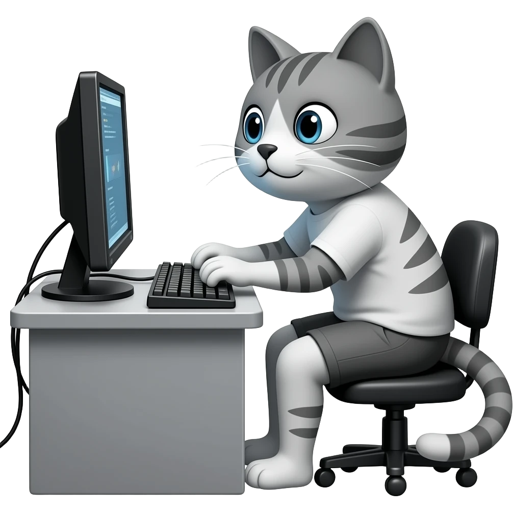 Кот программист за монитором и бьет по клавиатуре черно-белое, 2д emoji