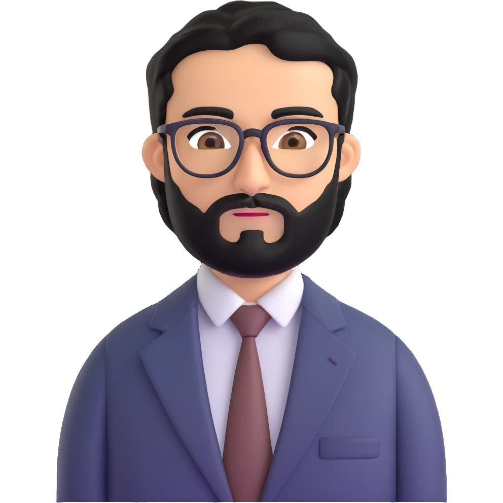 professional middle eastern businessman with medium length black beard, black hair, thick unibrow, tan skin, brown eyes, glasses, wearing a formal suit and tie emoji
