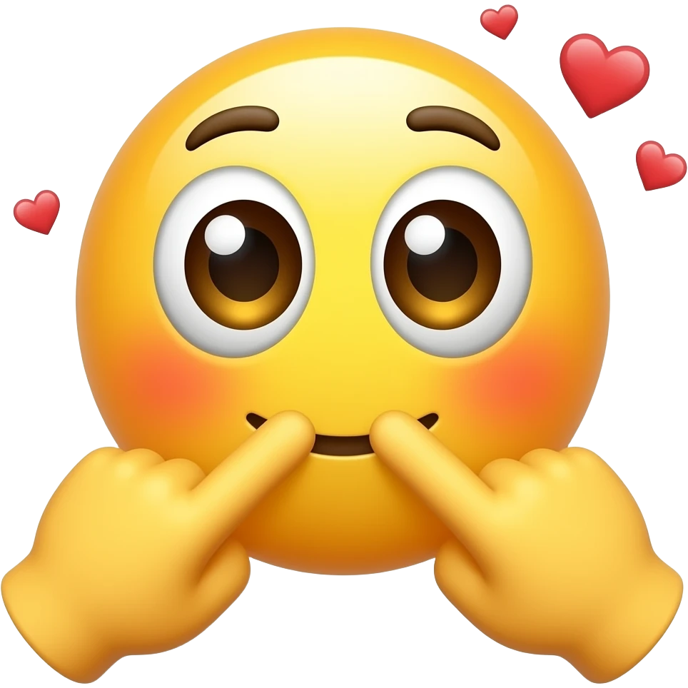 Yellow emoji with huge sparkling eyes and heart-shaped pupils. Two hands with index fingers pointing together in a shy '👉👈' gesture. Heavy blush on cheeks, small hearts floating nearby. Cute, bashful, and adoring anime-style aesthetic. emoji