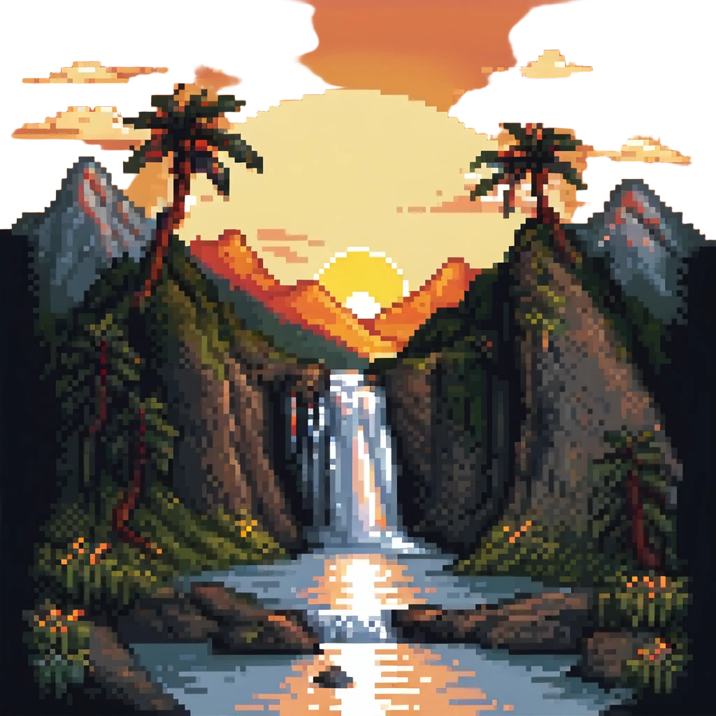 sunrise over a waterfall in a mountain landscape, pixel art style emoji