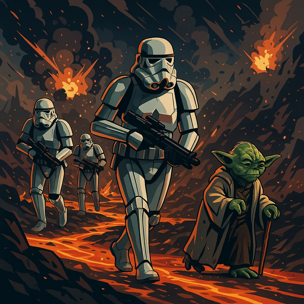vector art of a Starwars stormtroopers is walking on lava planet with yoda, battleground background 
 emoji