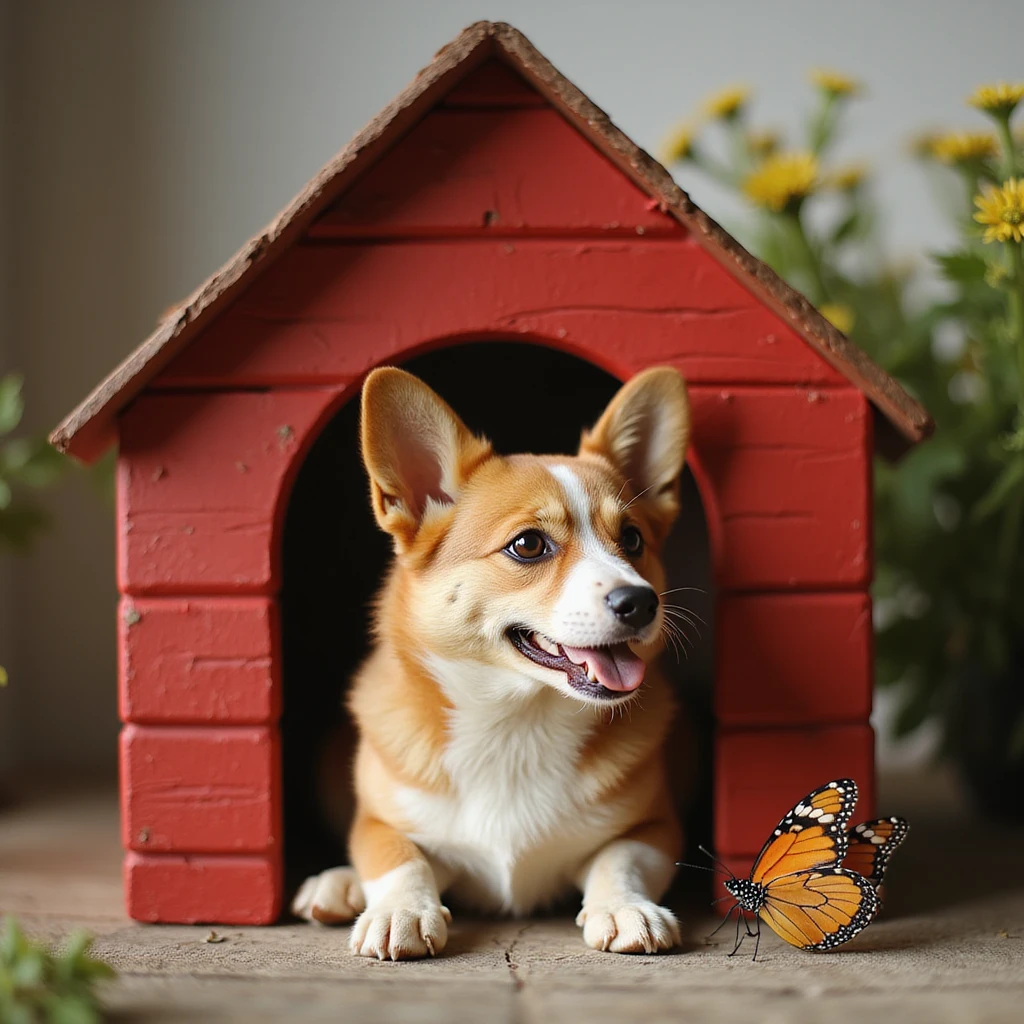 realistic red dog house with a Corgi dog inside, Corgi with a butterfly, photorealistic style emoji