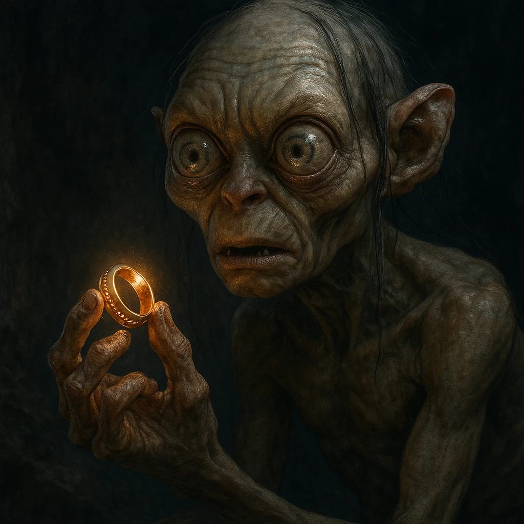 Gollum holding the One Ring, detailed, expressive, fantasy style emoji