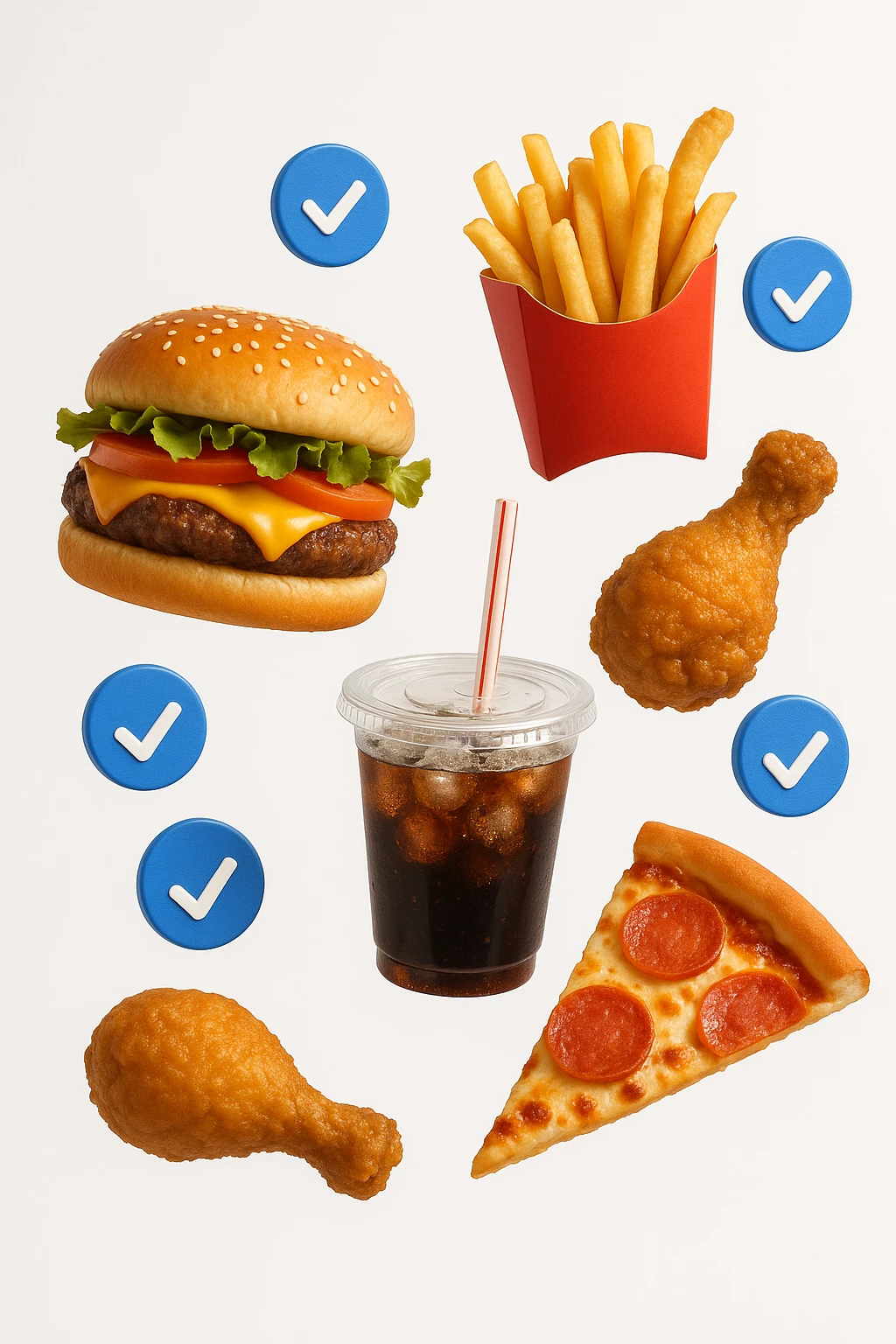 fast food realistico fluttua in aria insieme a spunte di verificato in 3d, sfondo bianco emoji