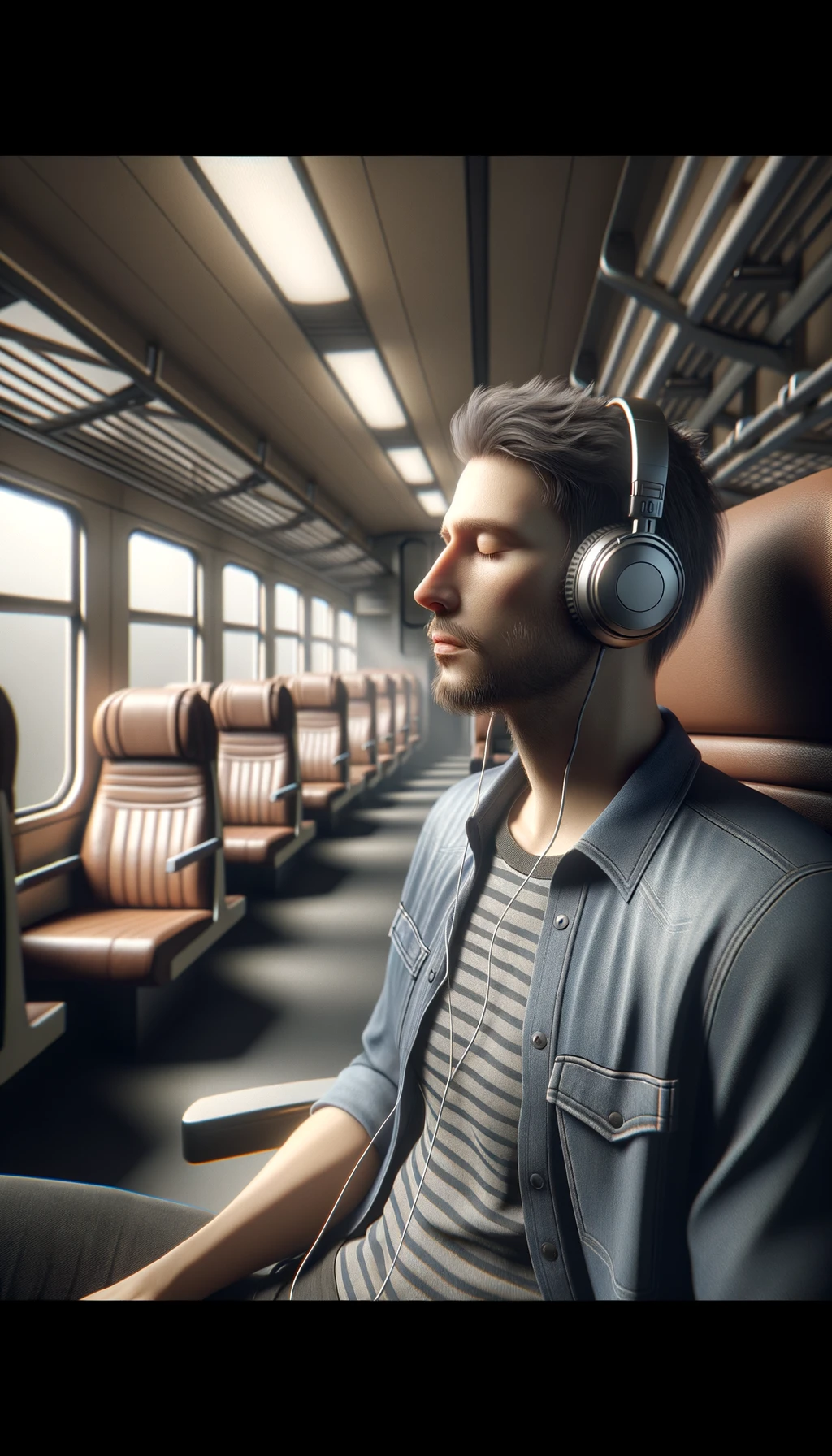 UOMO che ASCOLTA MUSICA CON LE CUFFIETTE NELLE ORECCHIE E GLI OCCHI CHIUSI SEDUTO SUL SEDILE DI UN TRENO, sullo sfondo L'INTERNO DELLA CABINA DI UN TRENO con toni chiari neutri, iperrealistico 4k emoji