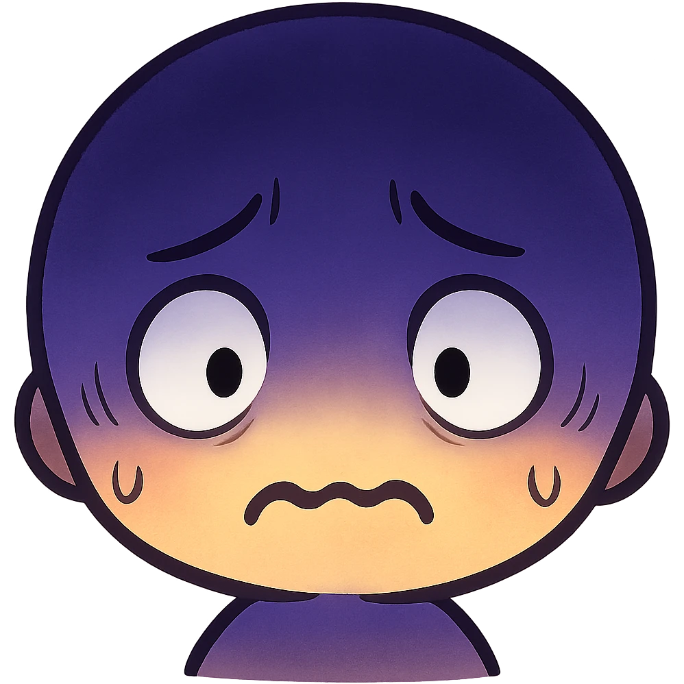 Make the shadow on the upper half much more dramatic and intense, with deep dark blue and purple tones in anime style. Make the face look even more depressed, paranoid, and shadowy, with a trembling frown and small blank eyes. Keep it minimal, colorful, and emoji-like, no realism or horror. emoji