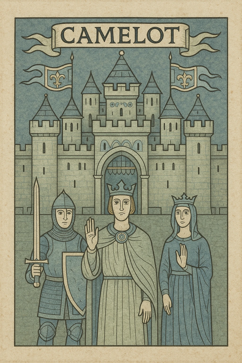 Camelot castle, grand entrance, banners flying, medieval style, blue sky background emoji