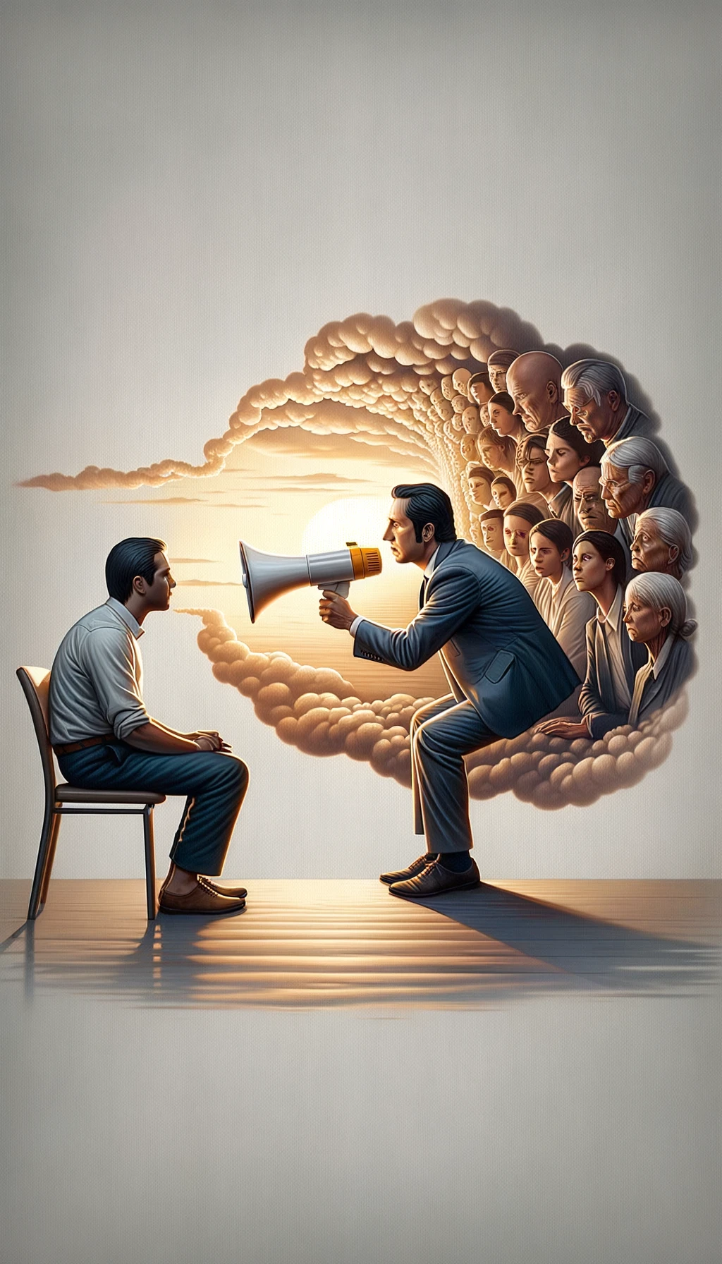 una persona parla e un altra persona di spalle lo ascolta, il significato dell'immagine è cheù dalle parole si capisce il valore della persona, immagine iperrealistica 4k, sfondo chiaro emoji