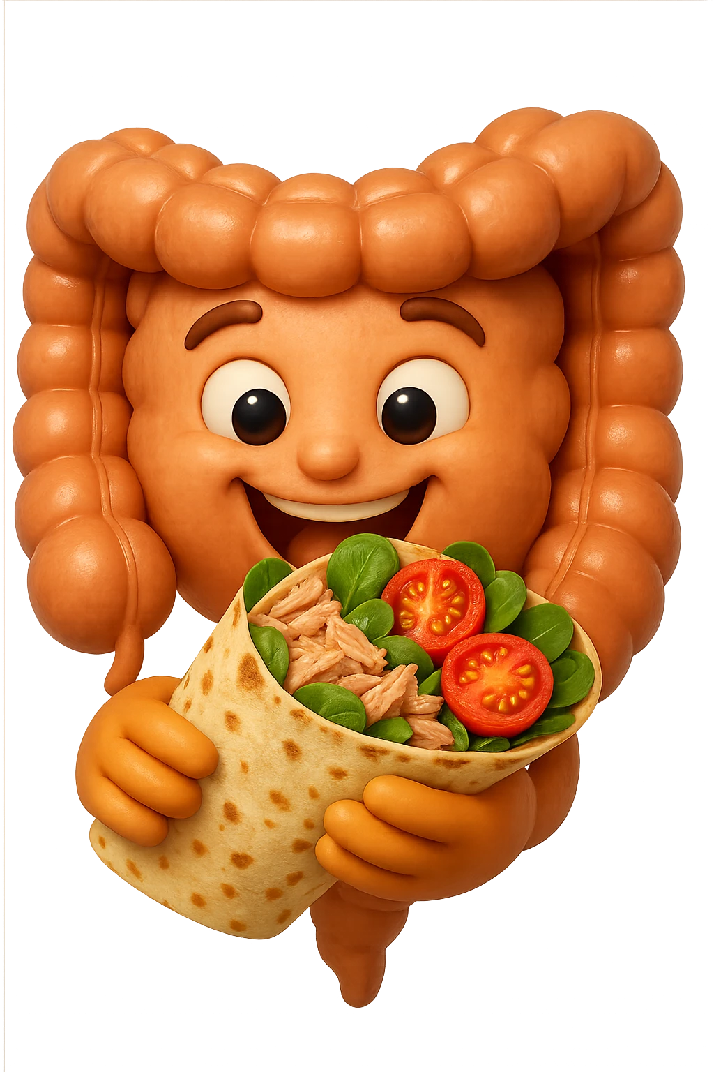 EMOJI STILE IPHONE DI un intestino che mangia una piadina con tonno, valeriana e pomodorini, iperrealistica 4k emoji