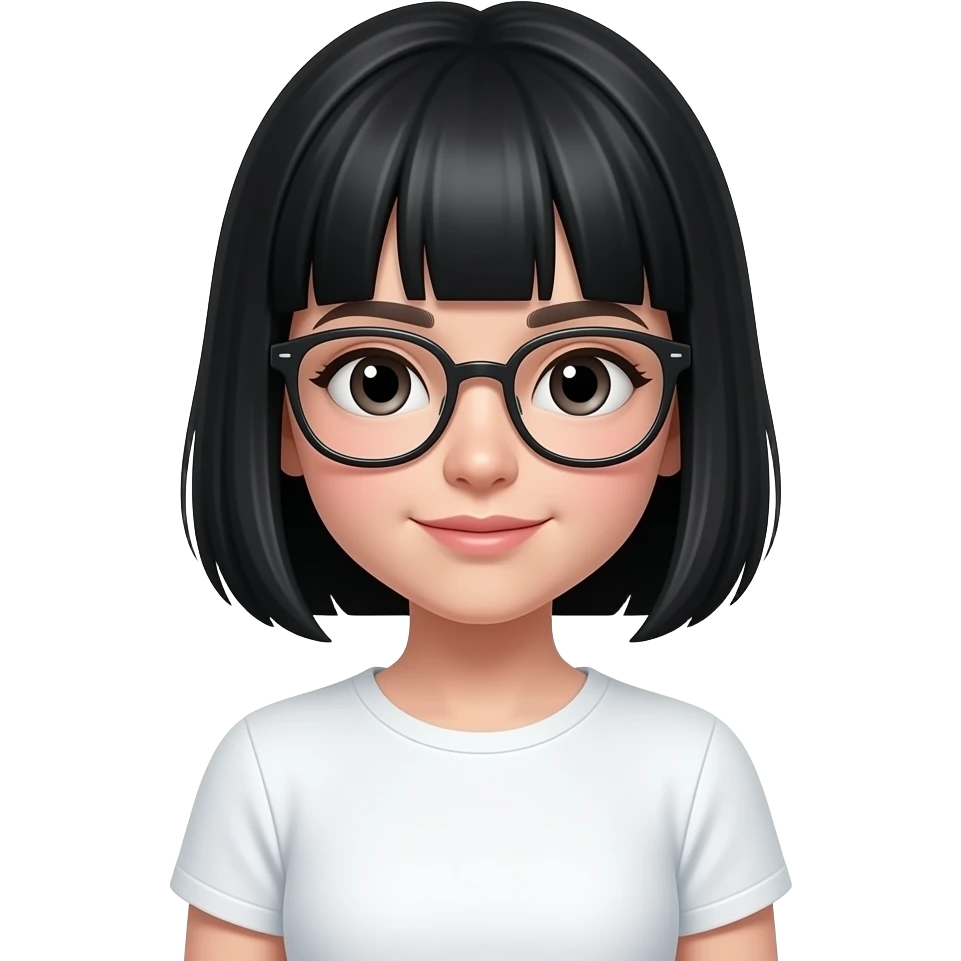 short black haired girl with flat bangs wearing glasses and wearing a white t-shirt emoji