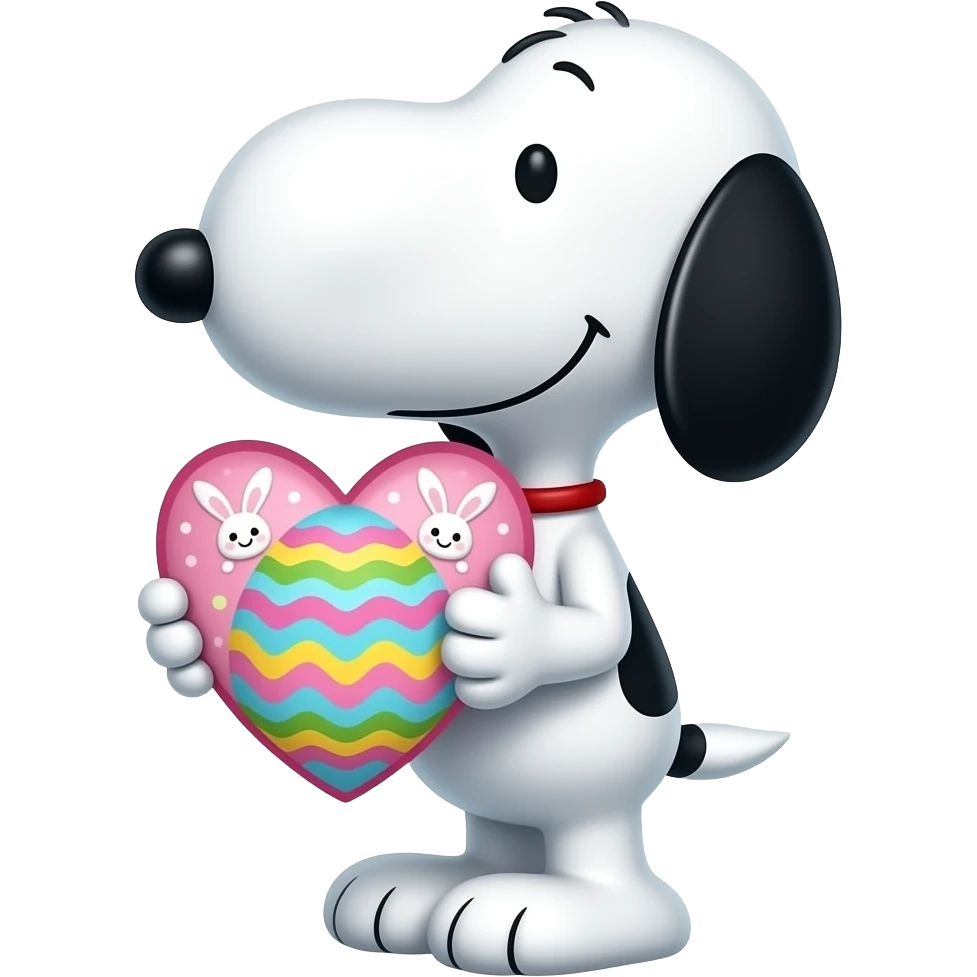 Bigger heart with cute easter design inside with snoopy holding the oversized heart over his head emoji