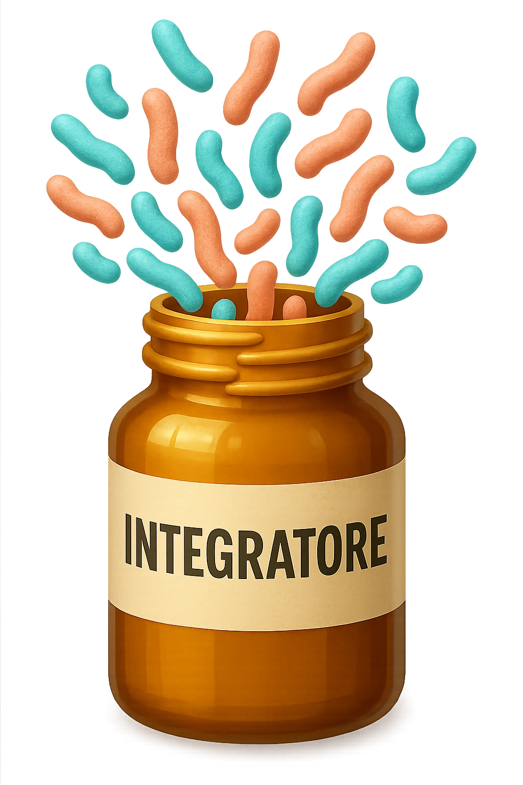 EMOJI STILE IPHONE DI boccetta di integratore con la scritta "INTEGRATORE" SULL'ETICHETTA, con batteri intestinali turchesi e rosa salmone che escono, IPERREALISTICO 4K emoji