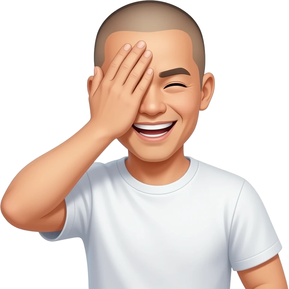asian guy with shaved head with palm on his whole face covering face shaking his head laughing with white t shirt on emoji