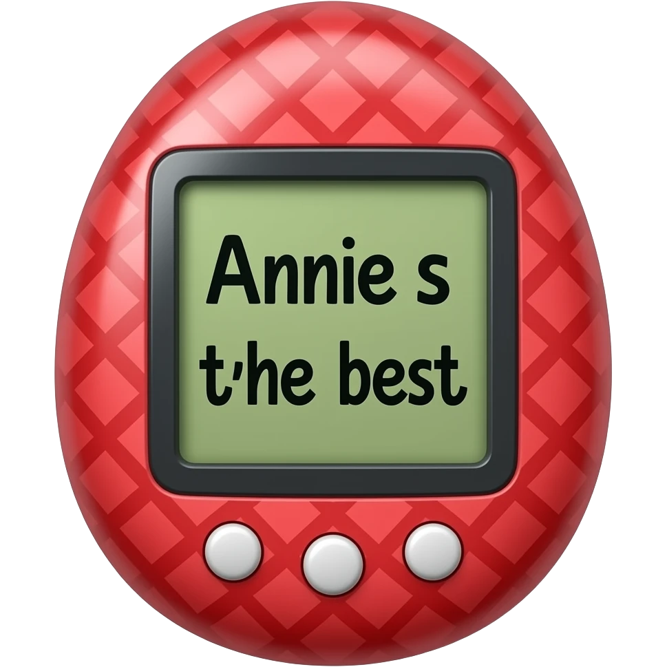 red tamagotchi with pattern outside that says Annie is the best on the screen in black letters and no words on the outside top part emoji