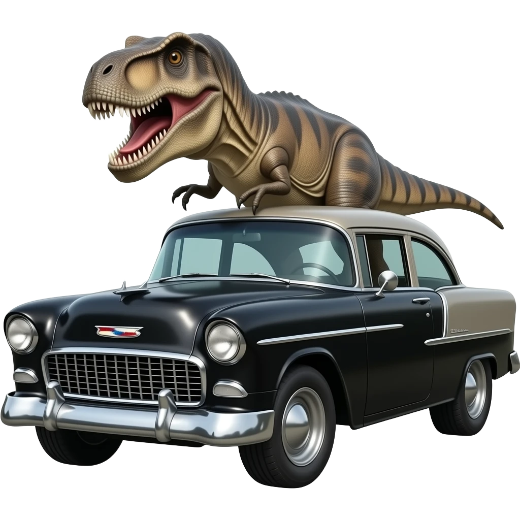 t rex driving black 1955 chevy 3/4 view emoji
