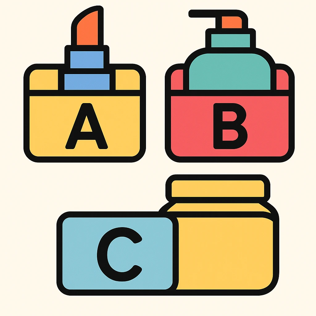 three boxes with "A", "B", "C" labels, inside those boxes there are some beauty products, emoji style emoji