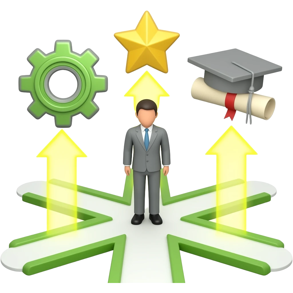 3D icon, employee development paths. A central figure standing at a crossroads. Multiple glowing branching paths leading upward to different symbols: a star, a gear, a diploma. Forking roads like a tree diagram..Clean white background. Minimalist, corporate style emoji