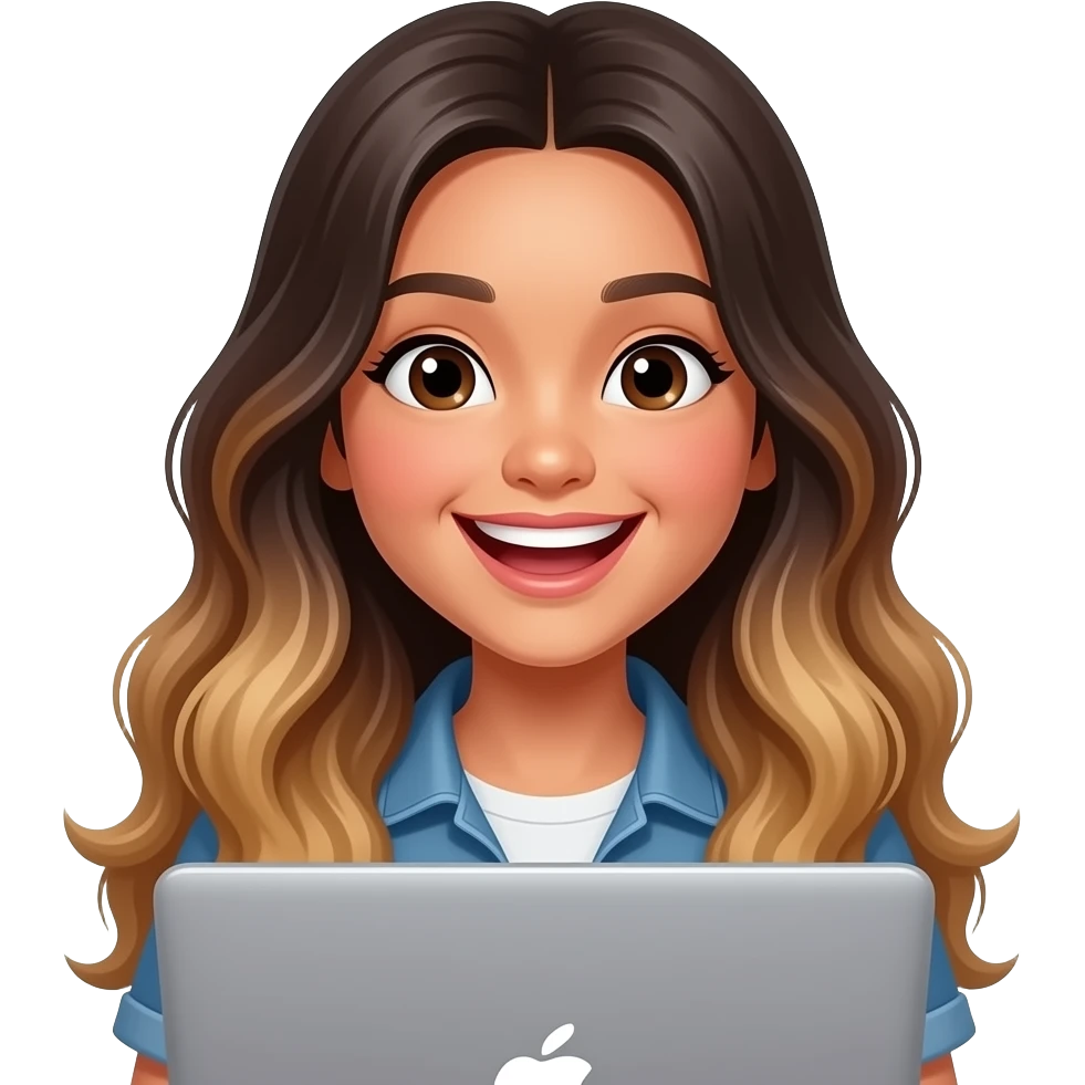 Beautiful Filipino girl beautiful eyes with long wavy hair balayage watching show on laptop laughing emoji