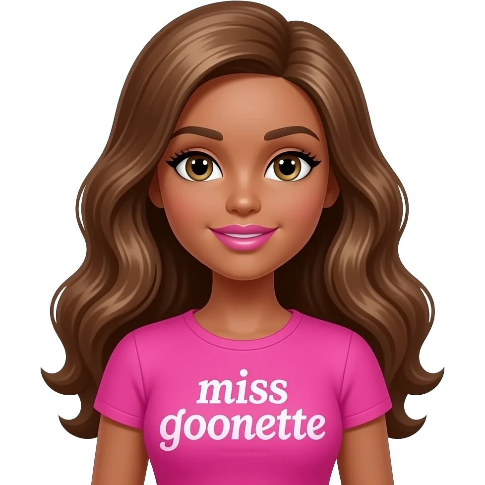 Bimbo Barbie, dark brown skin with honey brown hair, doll eyes, pink shirt says “miss goonette” with big breast, big pink lips emoji