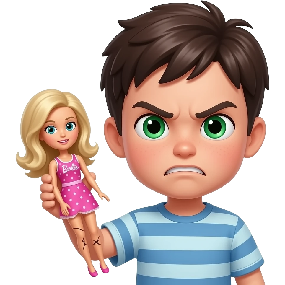 Little slim dark haïr boy with green eyes with broken barby doll in one Hand with very angry fac emoji