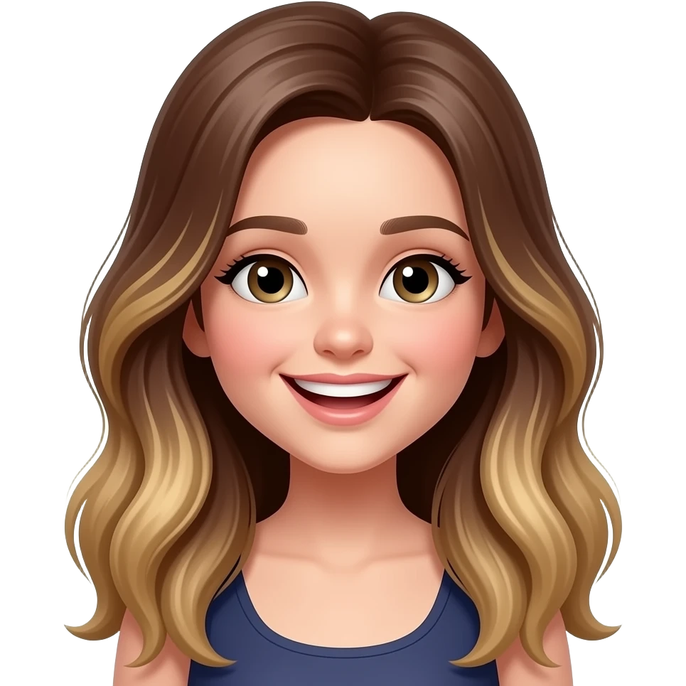 Un emoji donde la chica sea risada con el cabello largo color castaño y con las puntas rubias emoji