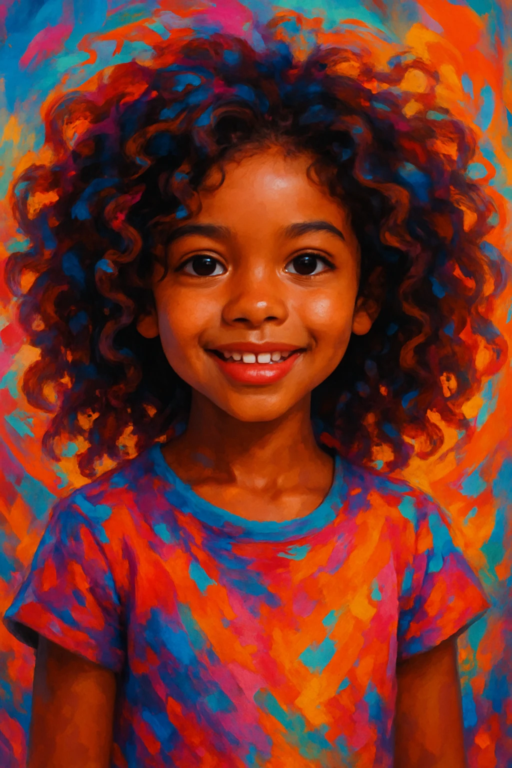 menina parda com cabelos cacheados, colorful digital art style, detailed, vibrant colors emoji