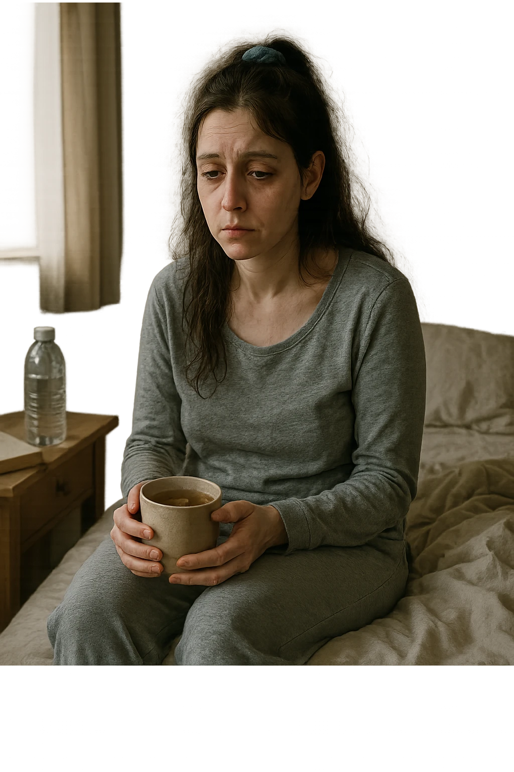 A realistic, cinematic illustration of a woman in her early 30s with a tired, pale appearance, sitting on the edge of her bed in a softly lit bedroom during the morning, looking exhausted and drained. Her posture is slightly slouched, and dark circles are visible under her eyes. She wears comfortable loungewear, holding a warm cup of herbal tea in her hands, seeking comfort. The scene includes a cozy yet slightly messy room with a blanket, a water bottle, and a book on the nightstand, emphasizing chronic fatigue. Soft natural light comes through the window, highlighting her expression of persistent tiredness despite rest, capturing the invisible struggle of chronic fatigue syndrome while maintaining dignity and a gentle aesthetic. emoji